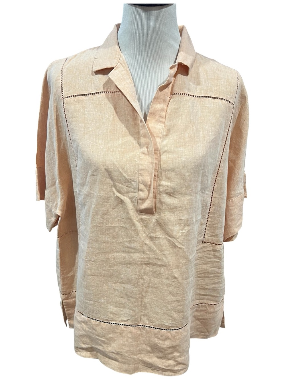 Lafayette 148 New York Peach Linen Short Sleeve Shirt Crochet Trim Size Large